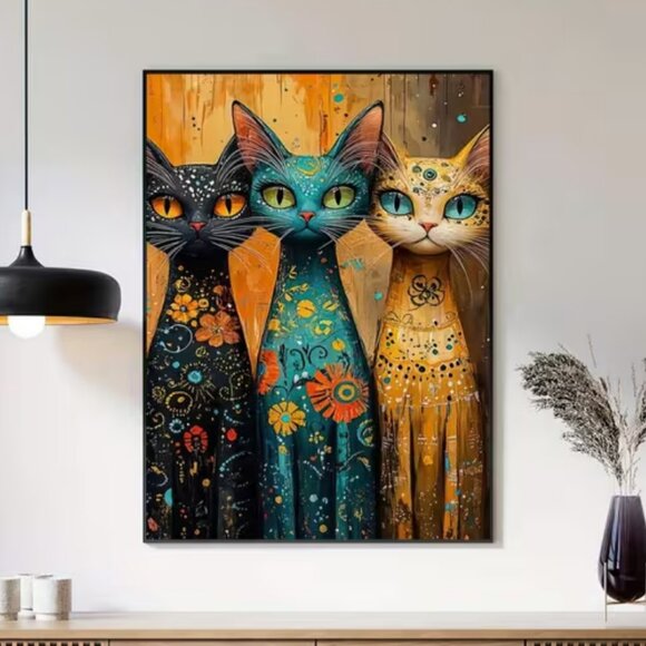 Cat Trio Long-Neck Cat Canvas Print Whimsical Unframed Floral & Folk Art Pattern - Picture 2 of 6